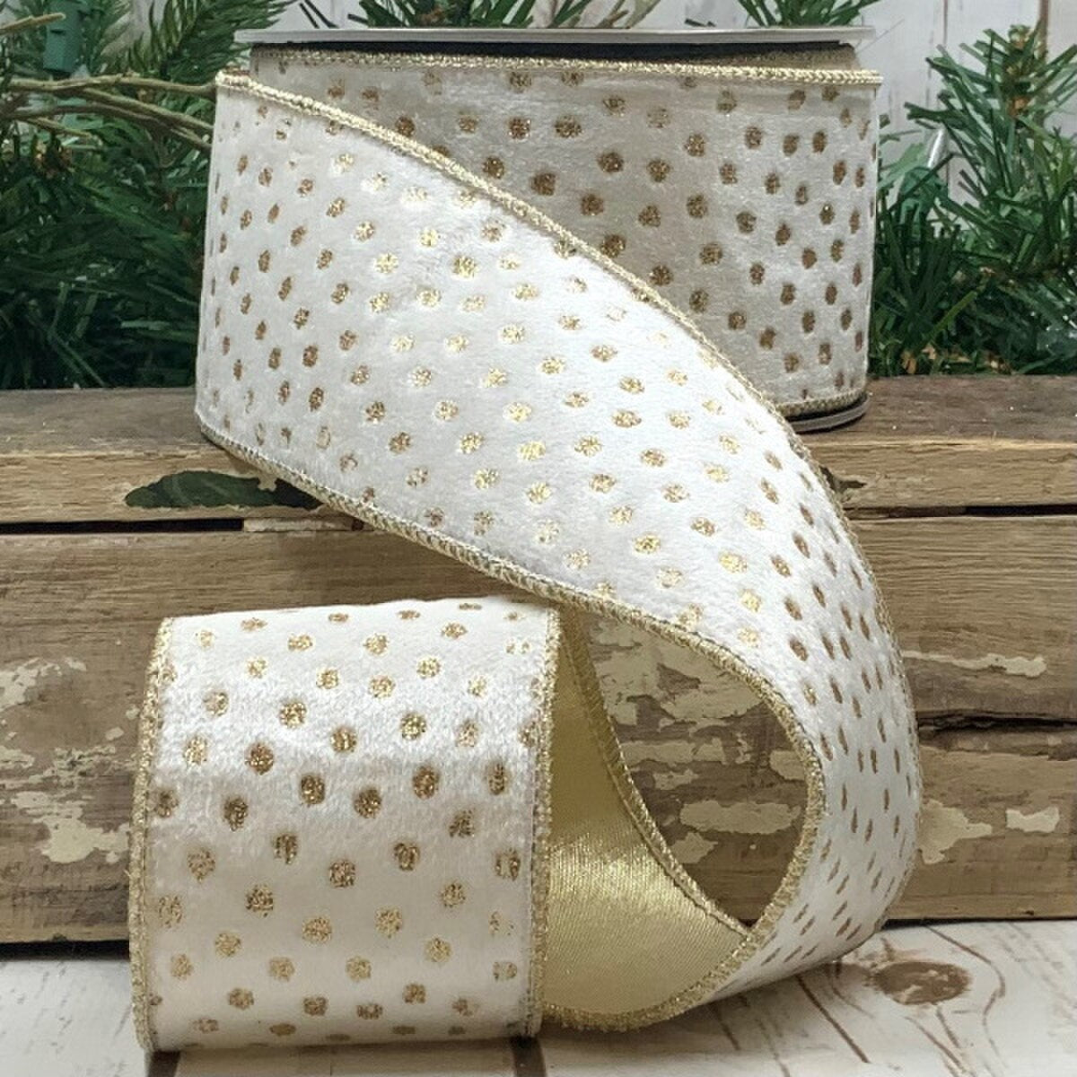 Gold Glitter Velvet Polka Dot White Ribbon 2.5" x 10 Yds