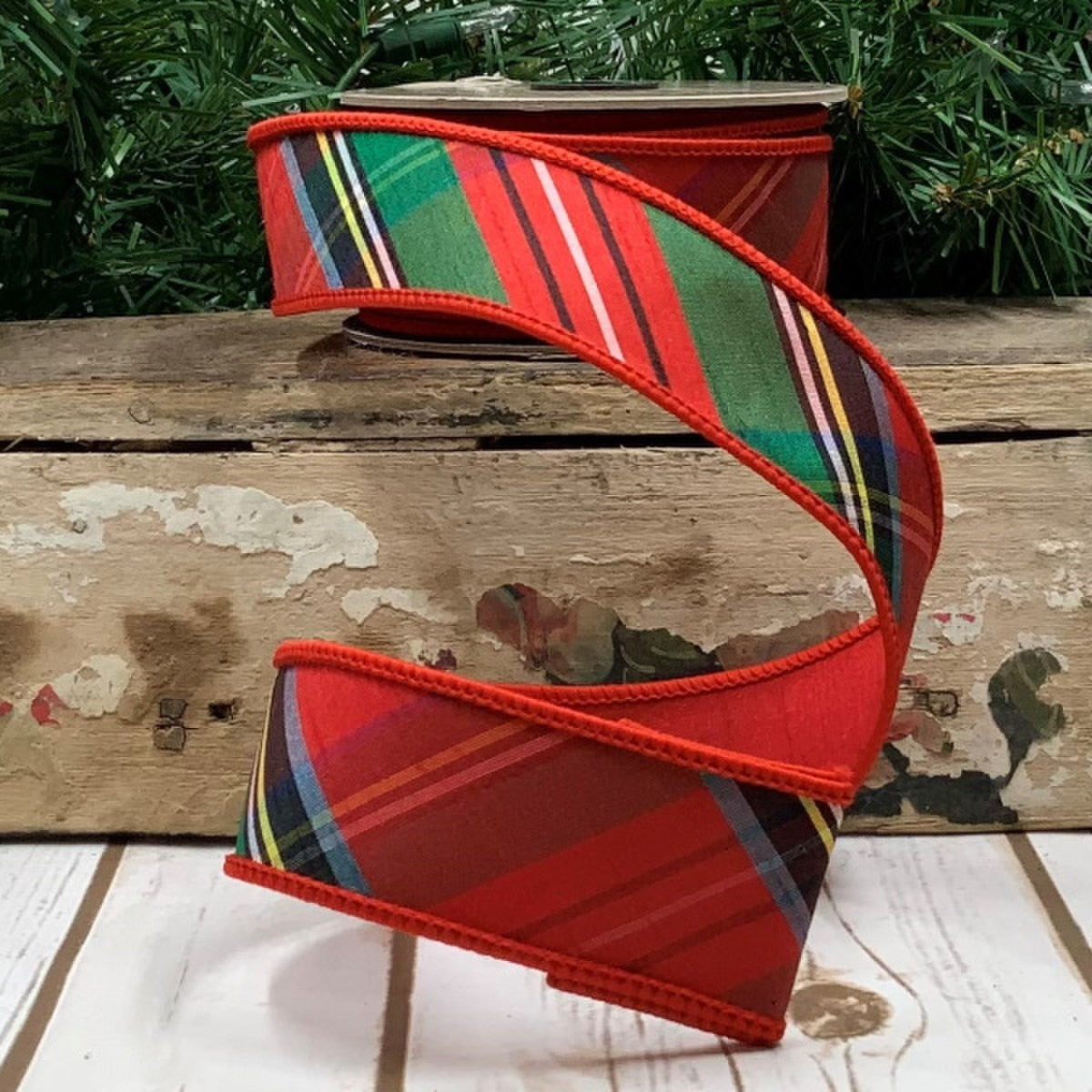 Plaid Red Blue And Green Dupion Ribbon 1.5" x 10 Yds