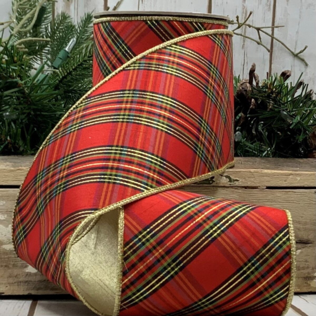 Metallic Dupion Plaid Ribbon Green Black Red 4" x 10 Yds