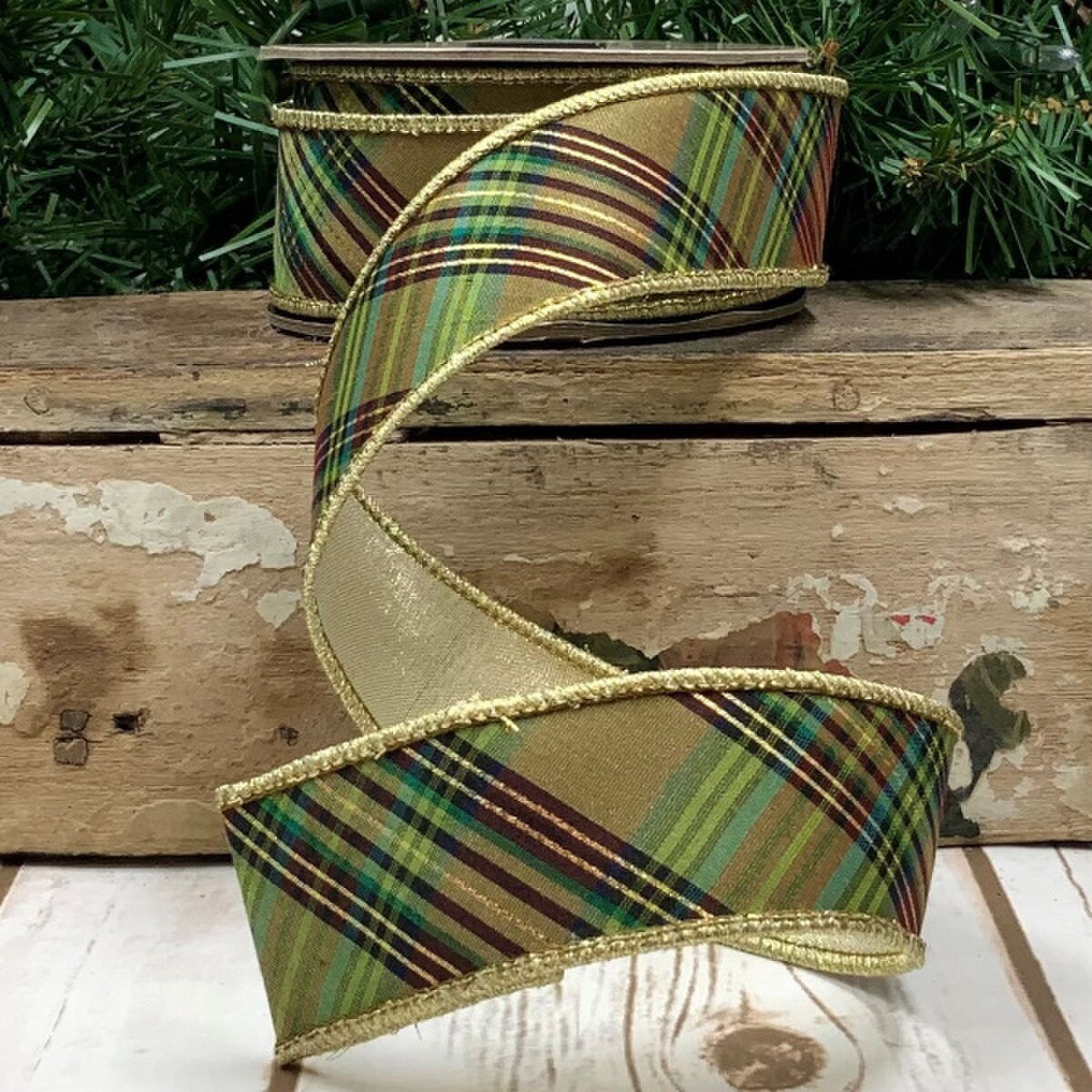 Plaid Green Gold Metallic Dupion Ribbon 1.5" x 10 Yds