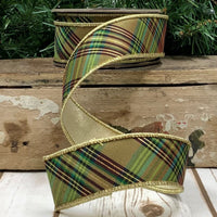 Plaid Green Gold Metallic Dupion Ribbon 1.5