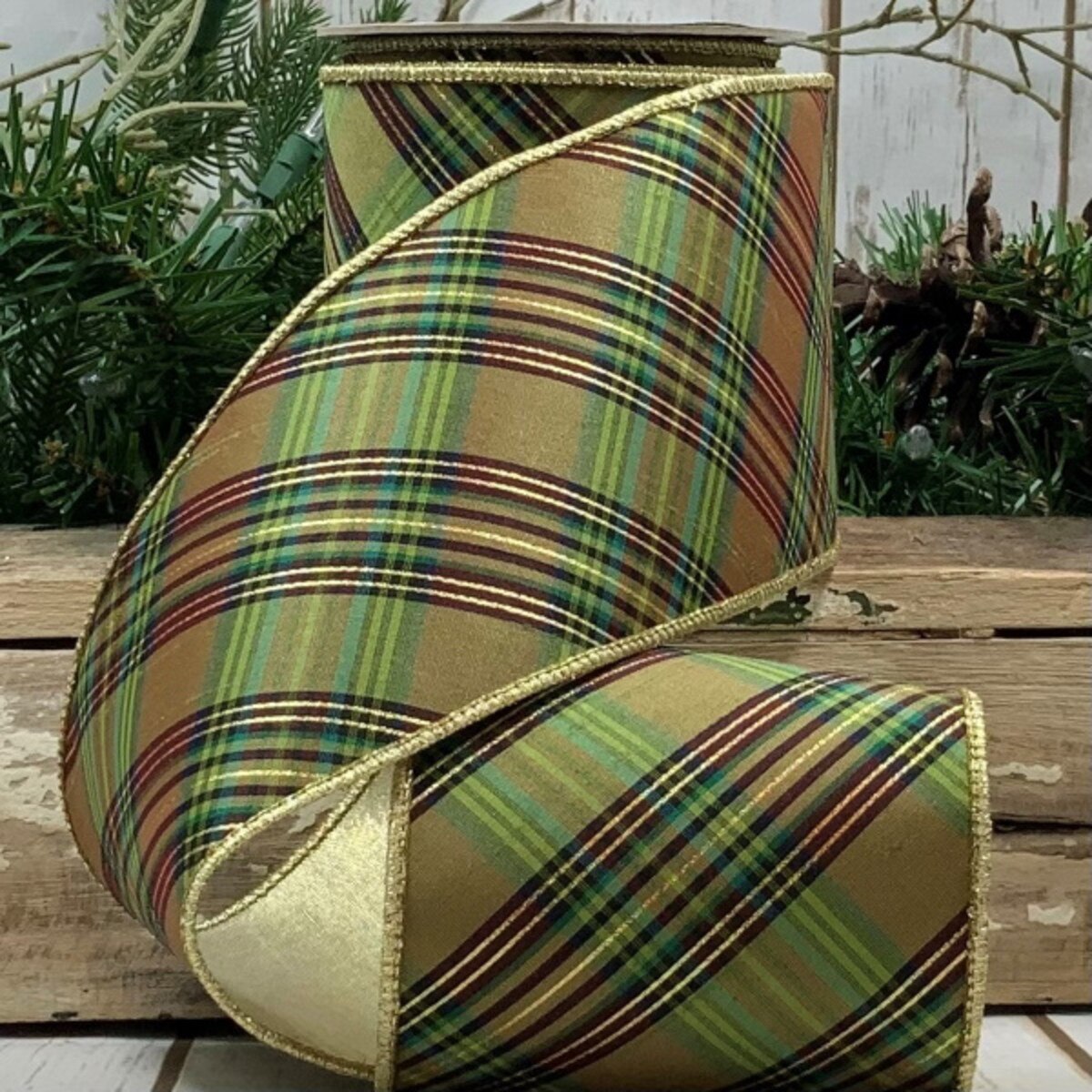 Metallic Dupion Green Gold Plaid Ribbon 4" x 10 Yds