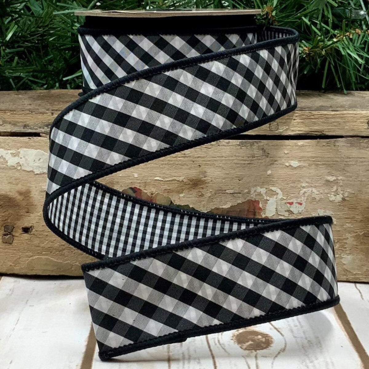 Taffeta Black White Diagonal Check Ribbon 1.5" x 10 Yds