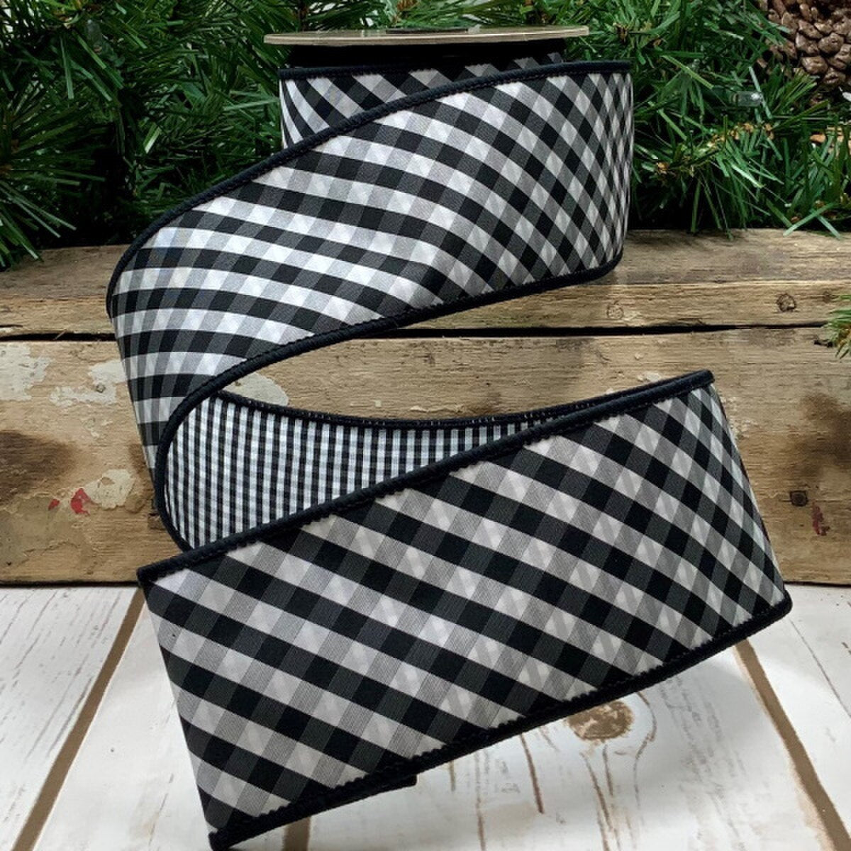Taffeta Black White Ribbon 2.5 Inch Diagonal Check 10 Yds