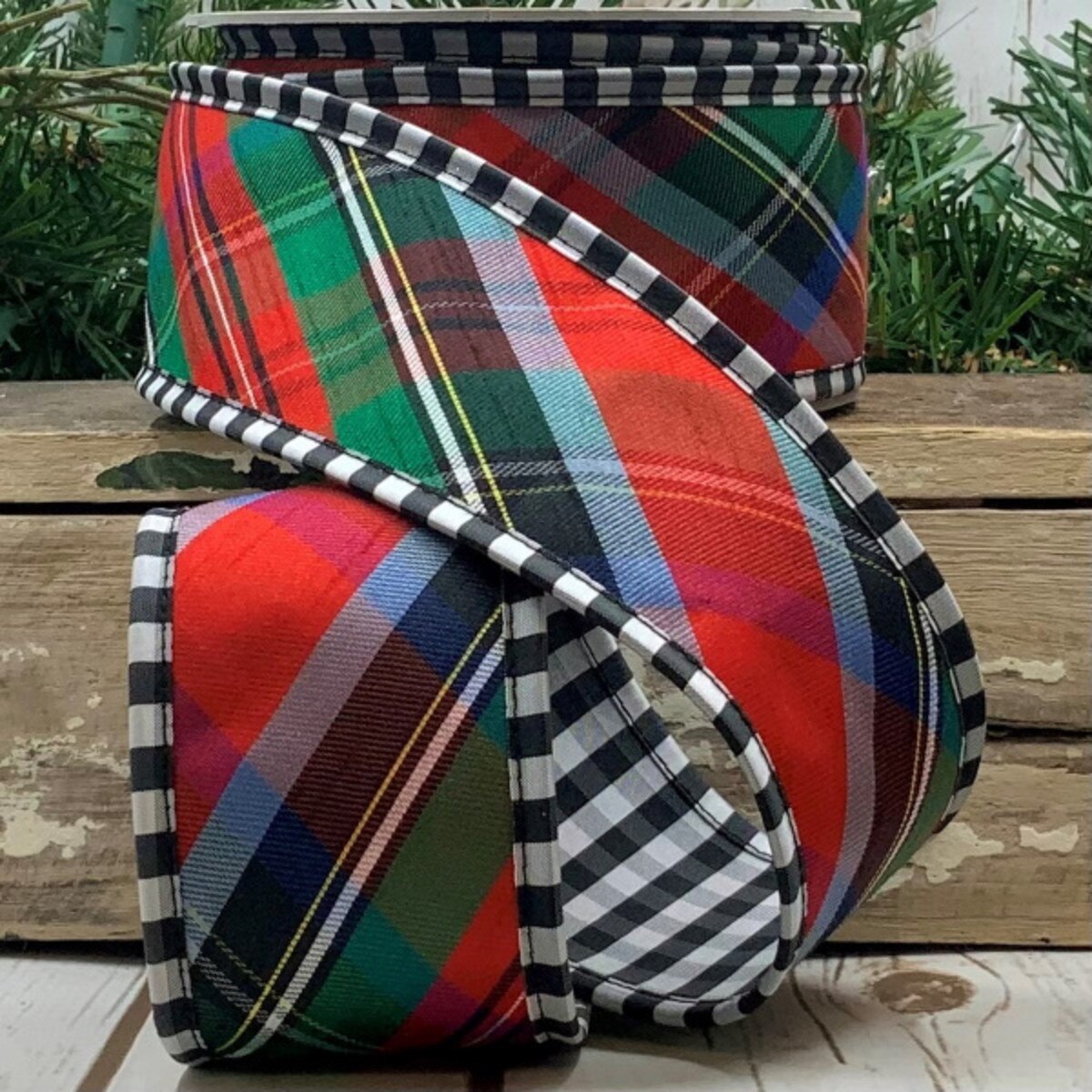 Taffeta Ribbon Red Blue Green Diagonal Plaid Check 2.5" x 10 Yds