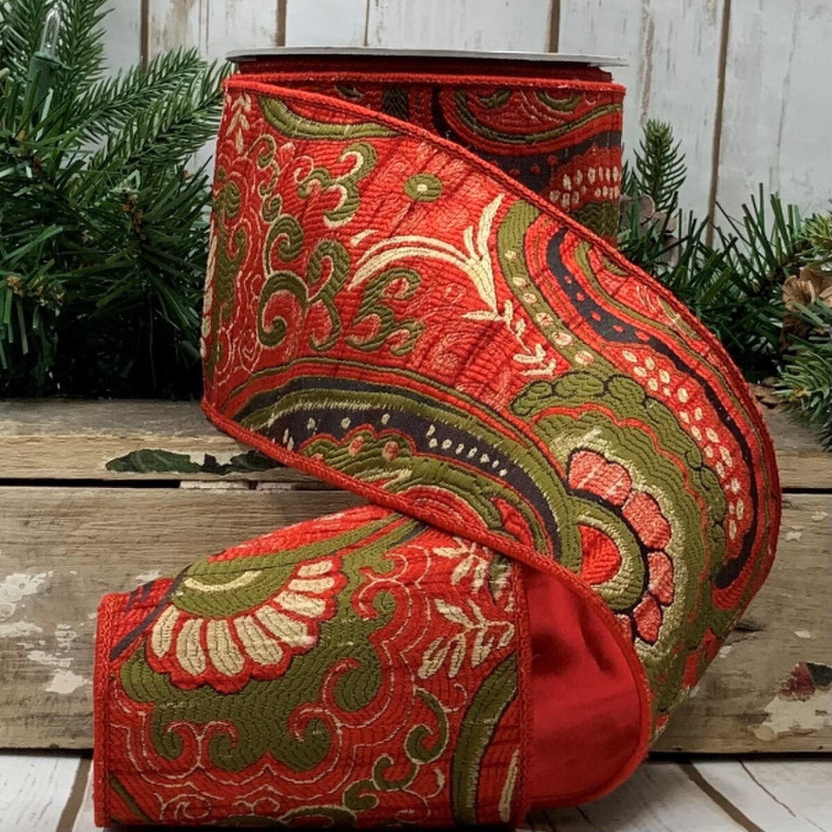 Acanthus Jacquard Ribbon Red Green 4 In x 10 Yds
