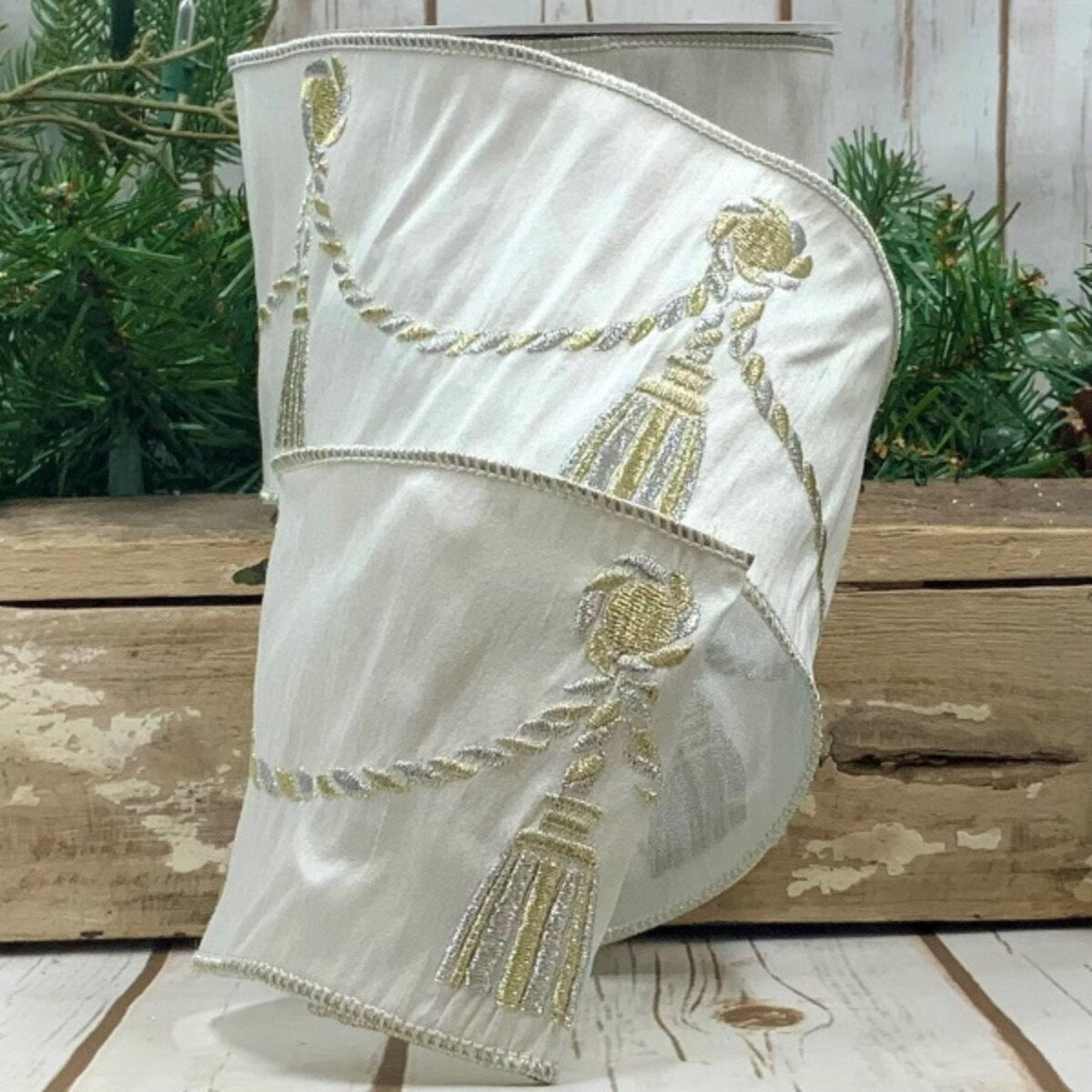 Ivory Dupion Embroider Tassels Ribbon 4" x 10 Yds