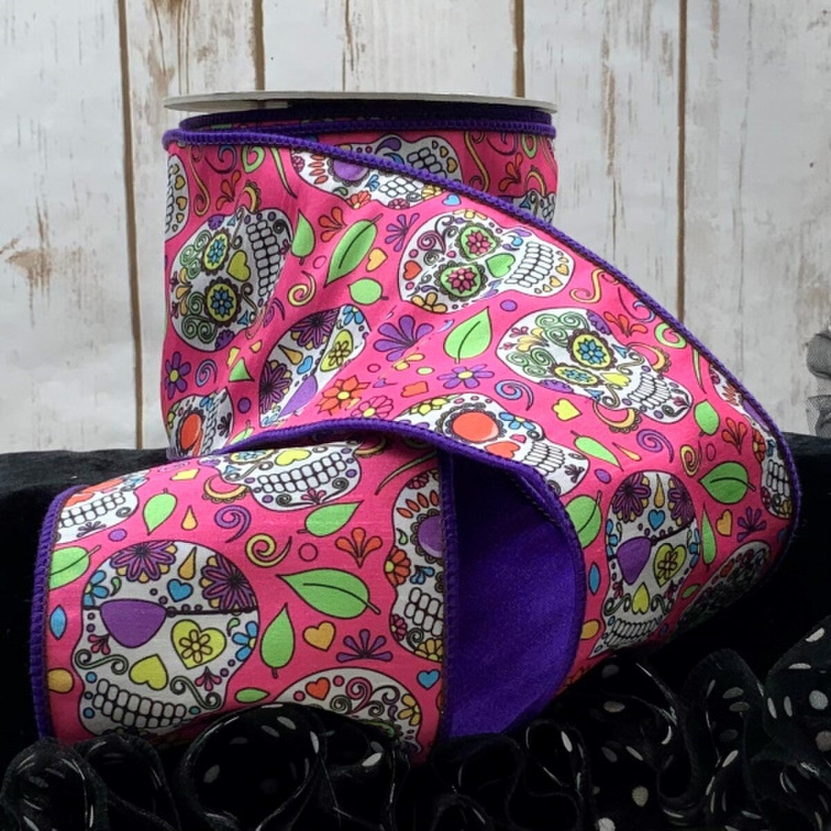 Hot Pink Faux Dupion Sugar Skulls Ribbon 4" x 10 Yds