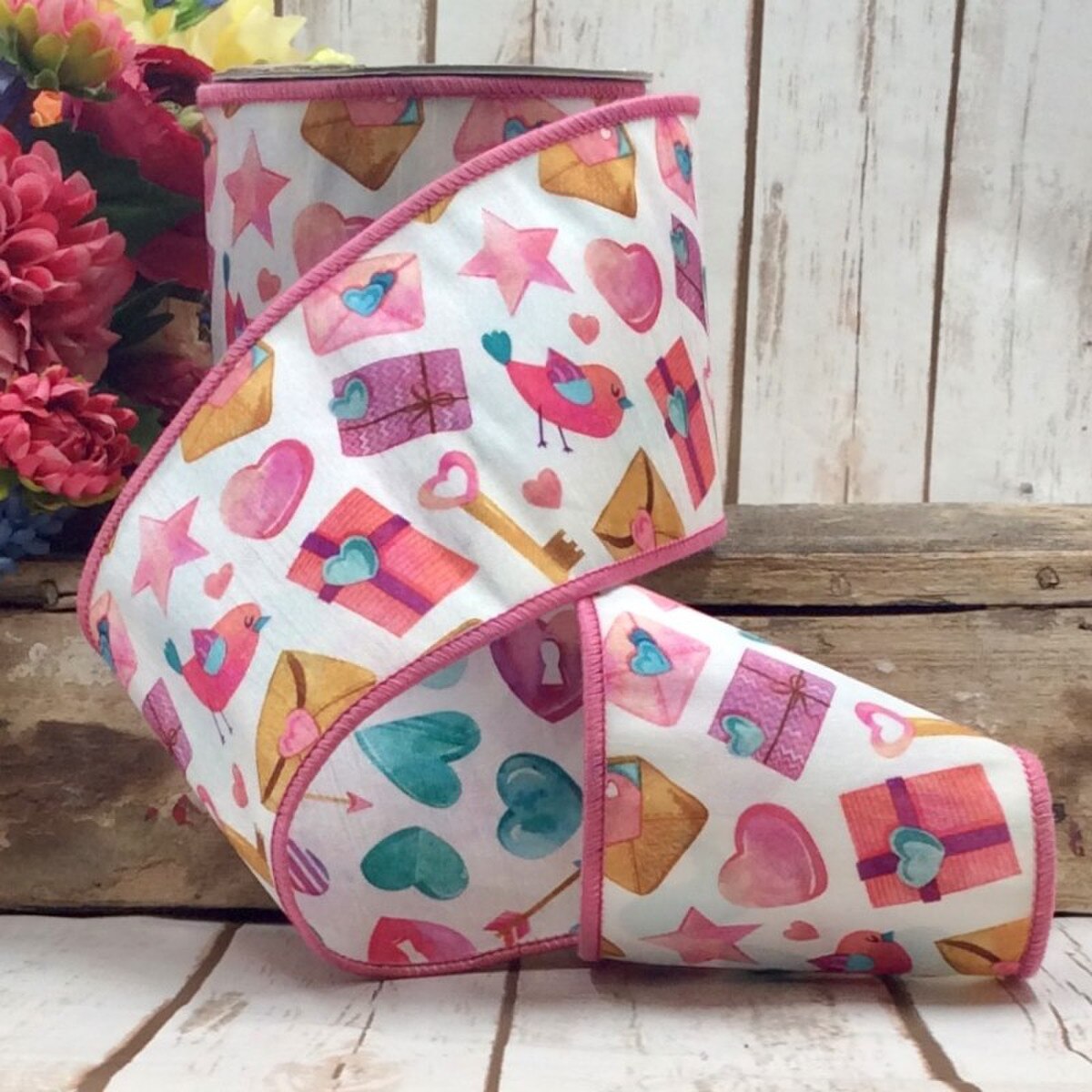 Watercolor Dupion Ribbon Key To My Heart White 4" x 10 Yds