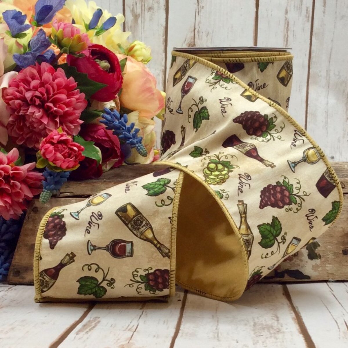Dupion Ribbon Ivory Wine Motif 4 Inch x 10 Yards
