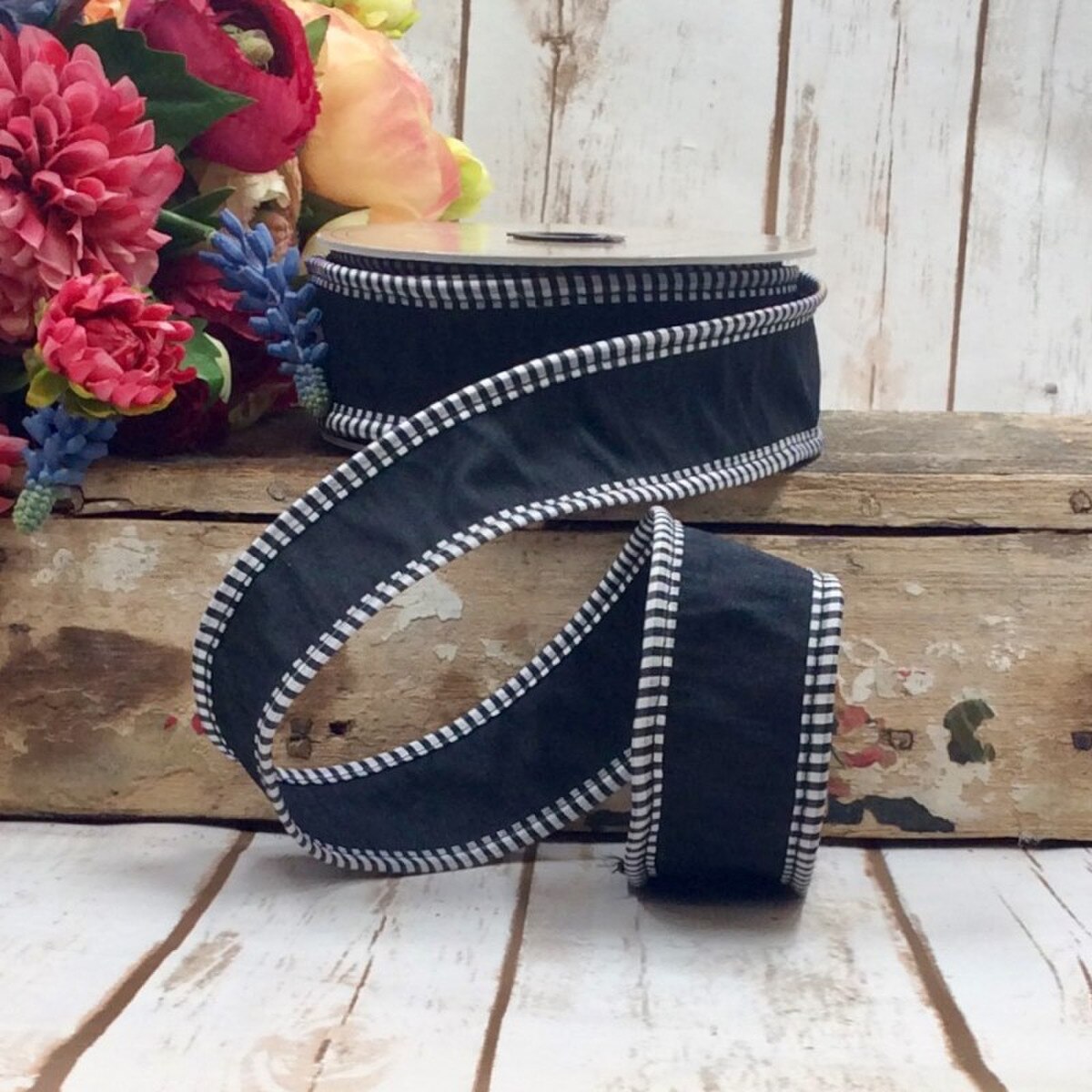 Black Faux Dupion Ribbon with Black-White Check Edge 1.5" x 10 Yds