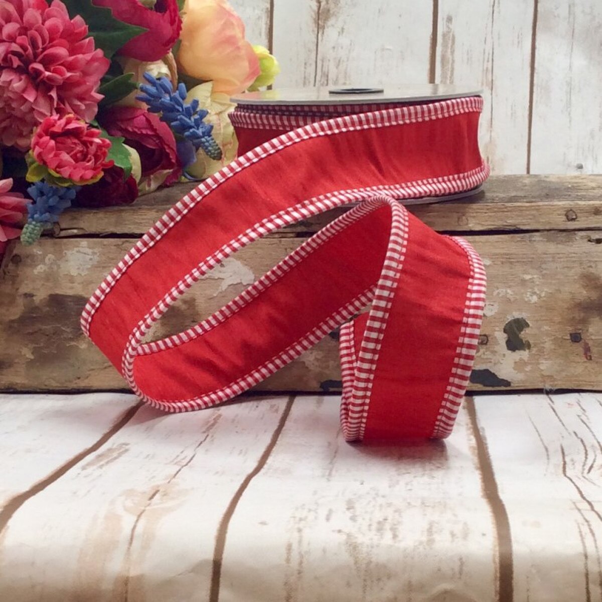 Red Faux Dupion Ribbon with White Check Edge 1.5 Inch x 10 Yds