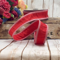 Red Faux Dupion Ribbon with White Check Edge 1.5 Inch x 10 Yds