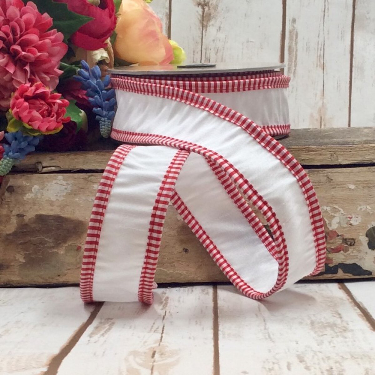 Faux Dupion Ribbon Red-White Check Edge 1.5" x 10 Yds