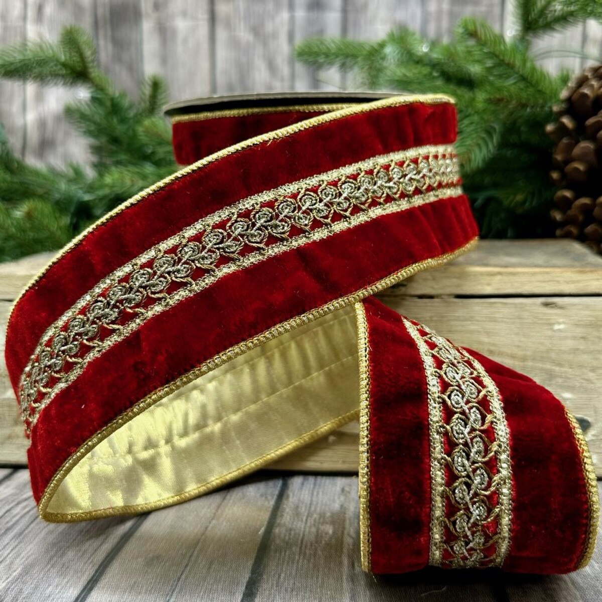 Red Velvet Embroidery Ribbon with Gold Glitter Trim 2.5" x 5 Yds