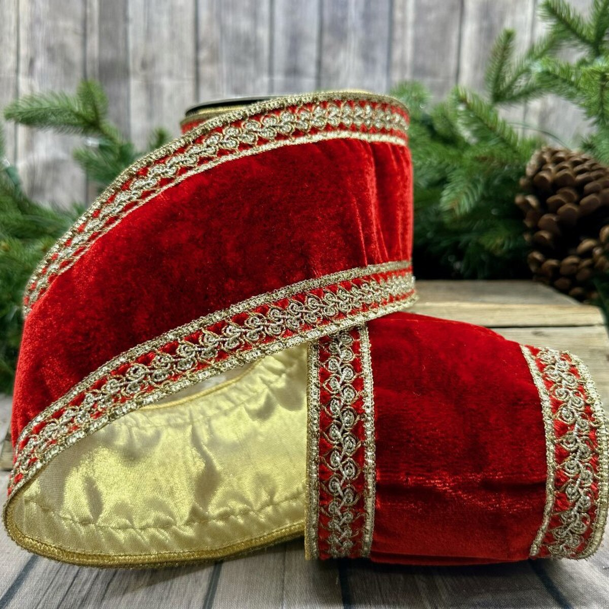 Red Velvet Embroidery Gold Glitter Side Trim Ribbon 4" x 5 Yds