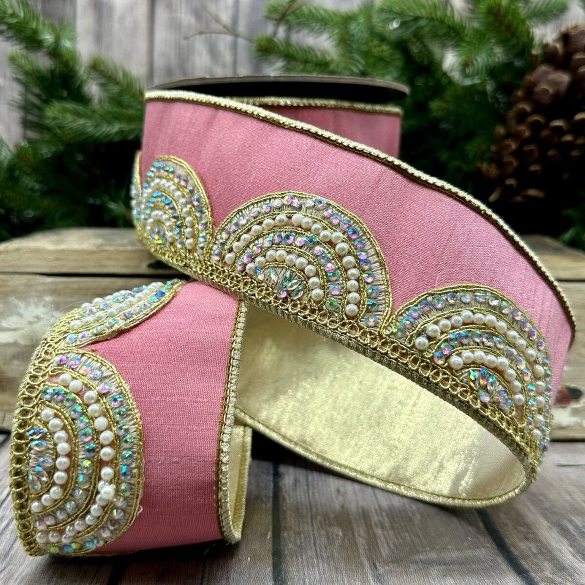 Dupion Ribbon Light Pink 2.5" with Iridescent Pearl Trim