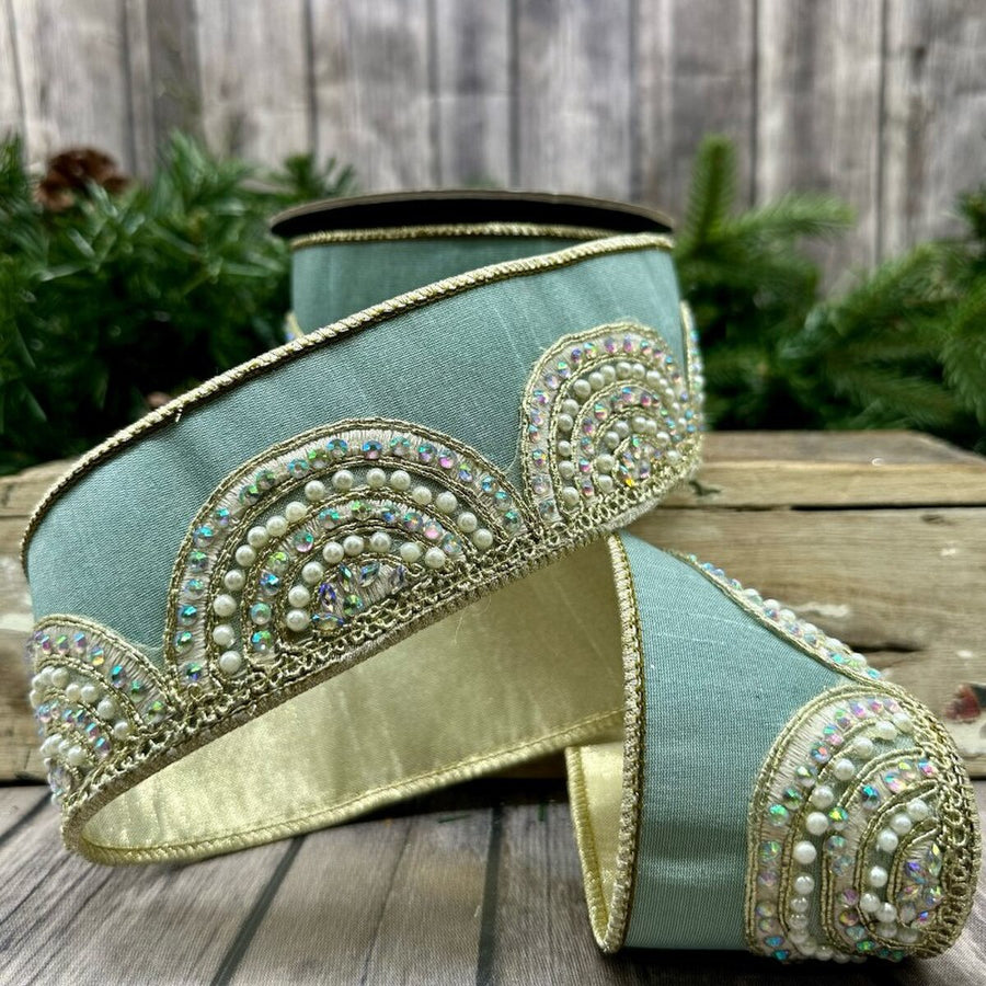 Dupion Aqua Ribbon with Gold Metallic Scallop Trim 2.5" x 5 Yds
