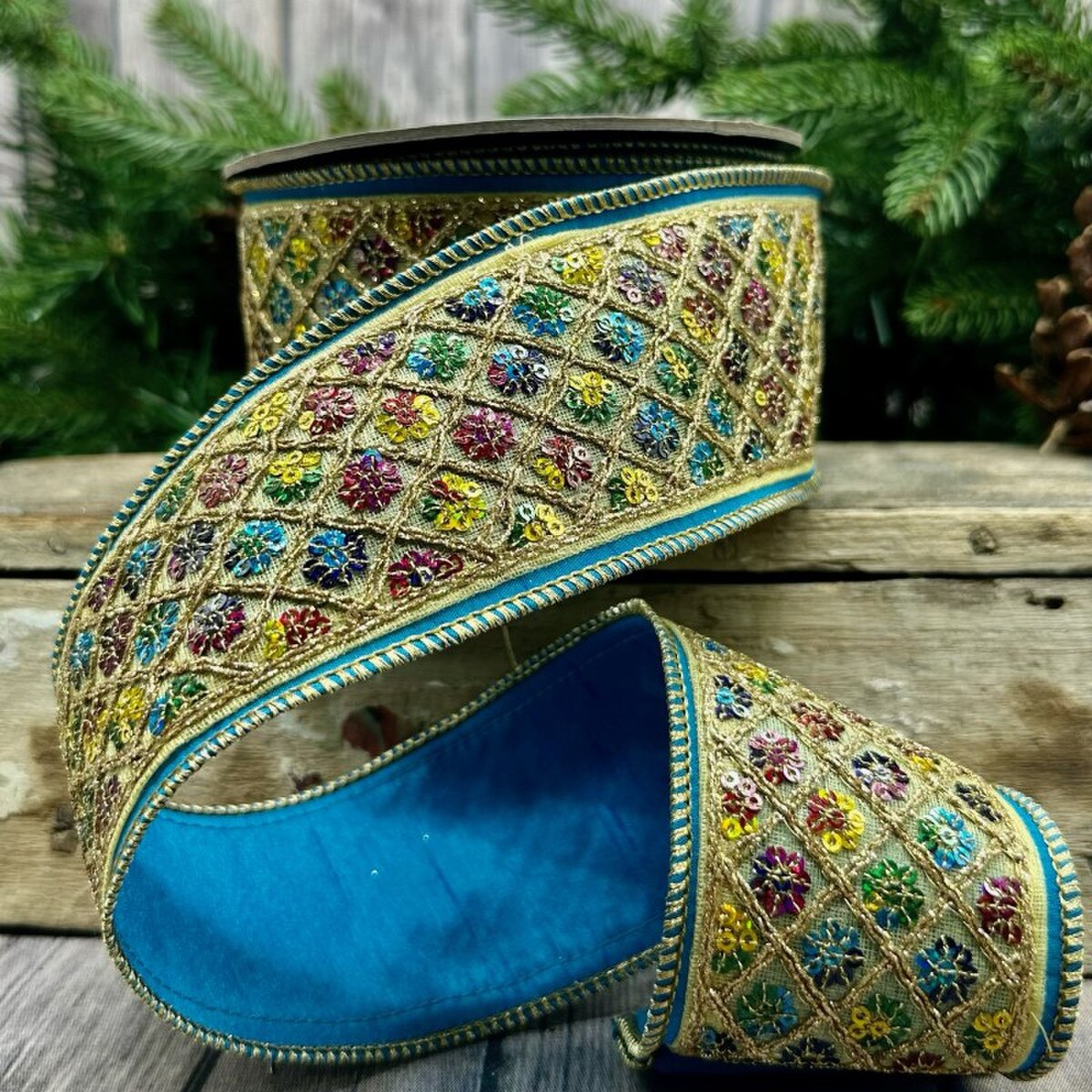 Turquoise Blue Dupion Sequin Diamond Center Trim Ribbon