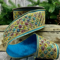 Turquoise Blue Dupion Sequin Diamond Center Trim Ribbon