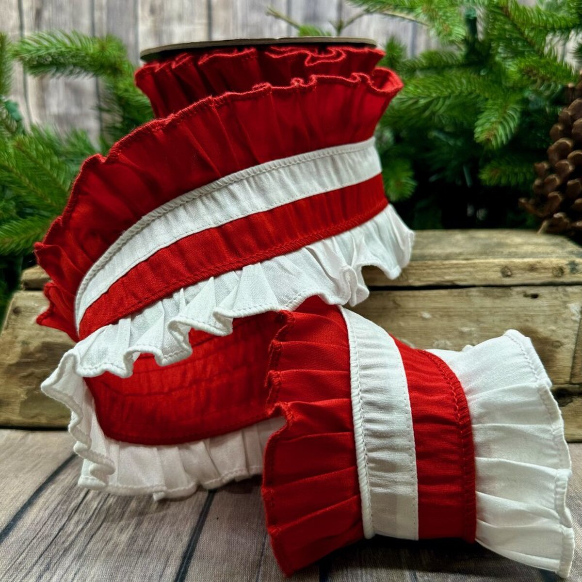 Ruffle Dupion Ribbon Red White 4 Inch x 5 Yards