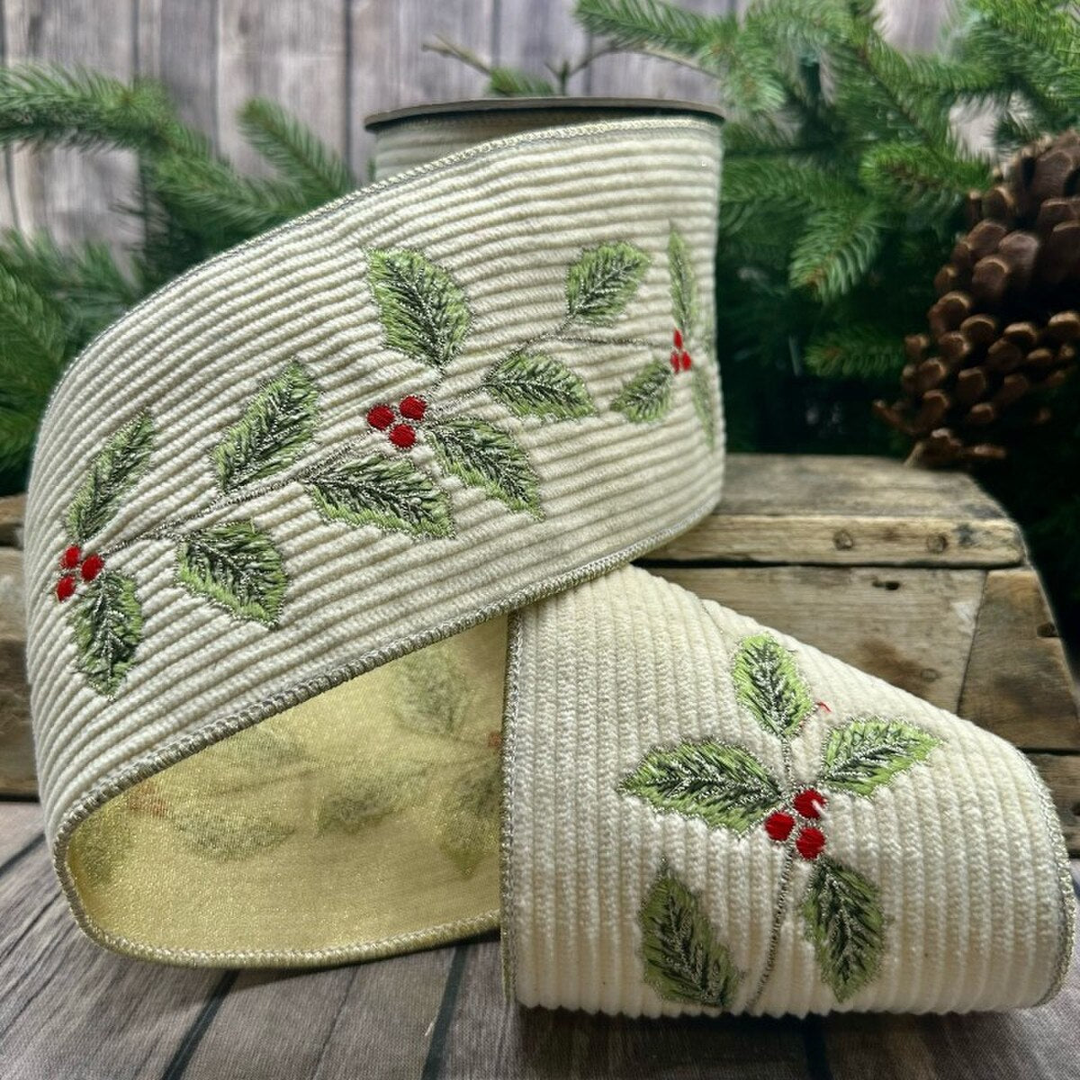 Holly Ivory Corduroy Embroidery Ribbon 4 Inch x 5 Yards