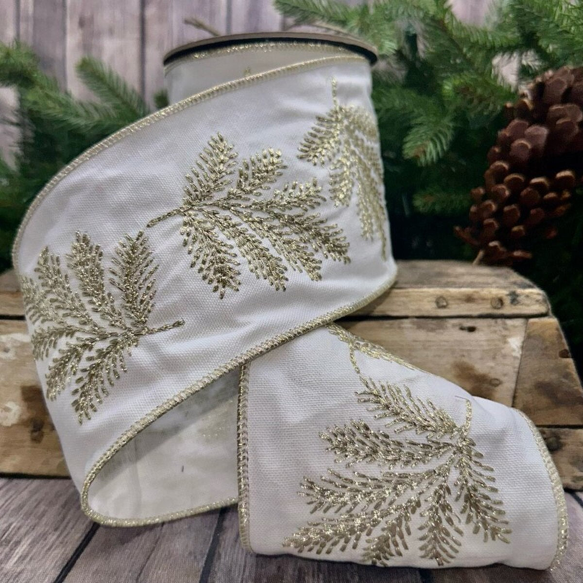 Gold Leaves Canvas Embroidered White Ribbon 4" x 5 Yds