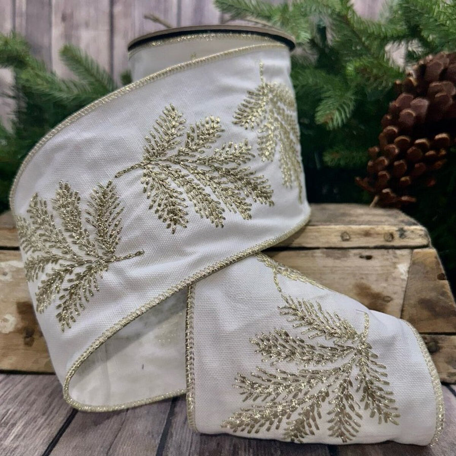 Gold Leaves Canvas Embroidered White Ribbon 4" x 5 Yds