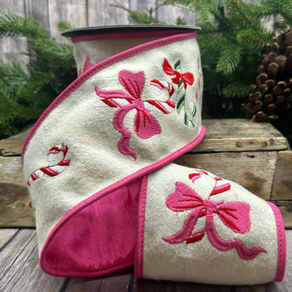 Candy Cane Pink White Wool Embroidery Ribbon 4" x 5 Yds