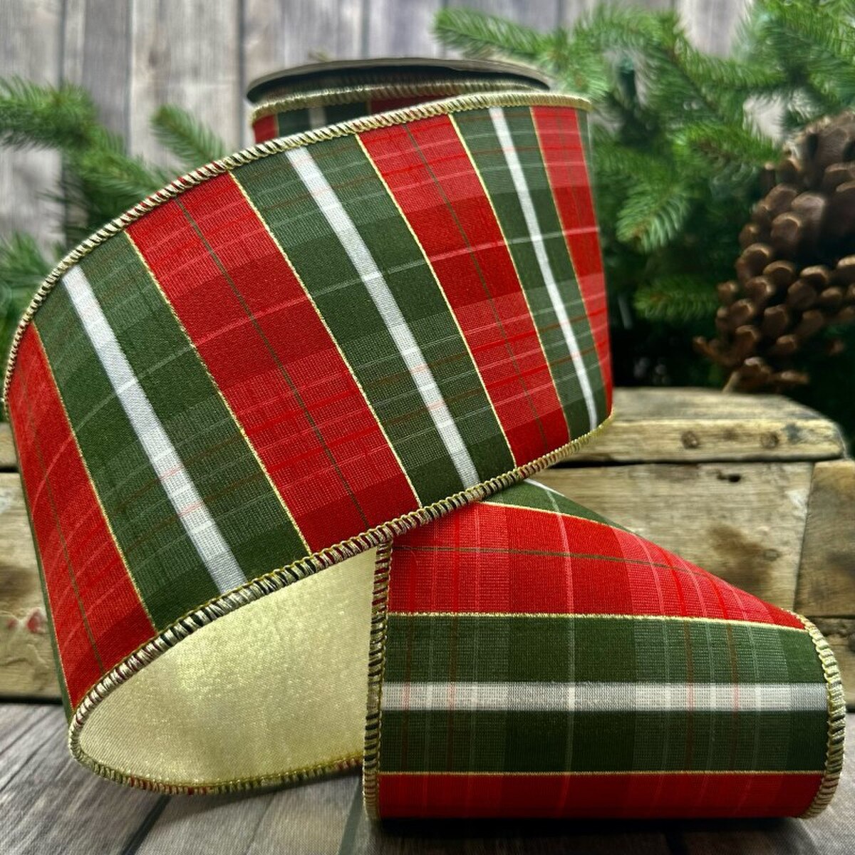 Dupion Metallic Plaid Ribbon Red Green Gold 4" x 10 Yds