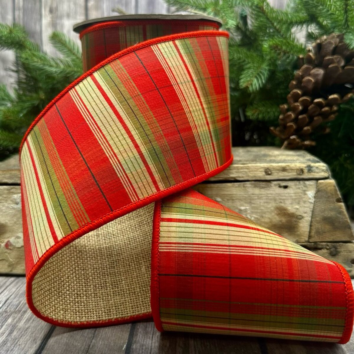 Plaid Burlap Back Ribbon Pinepoint 4 Inch x 10 Yards
