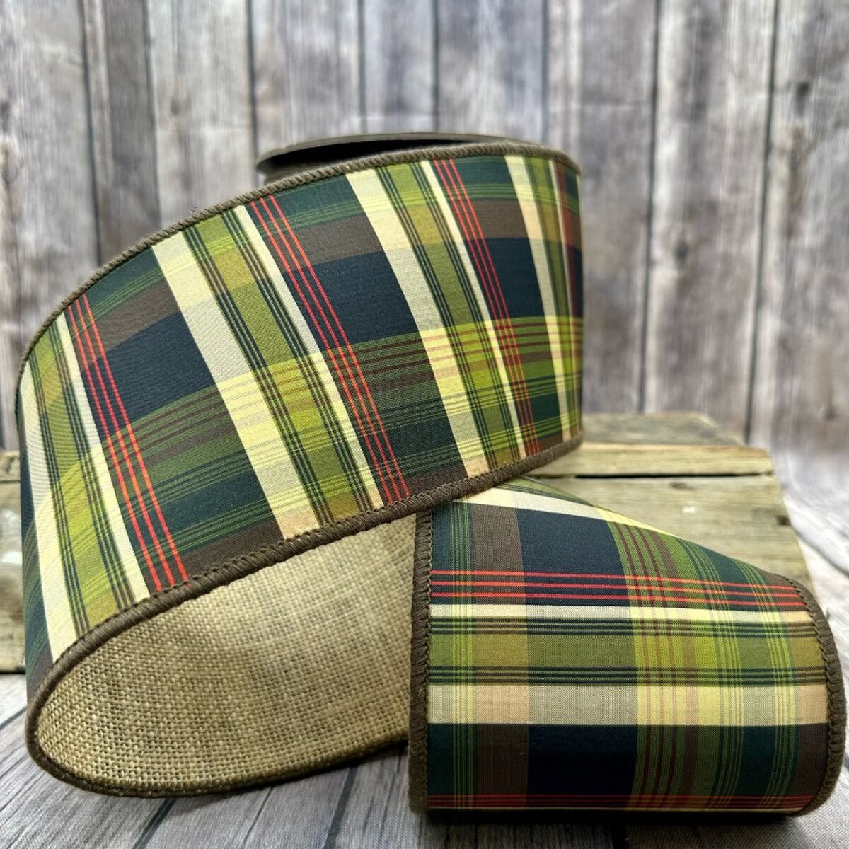 Burlap Back Ribbon Loden Plaid Green Black 4 Inch 10 Yards