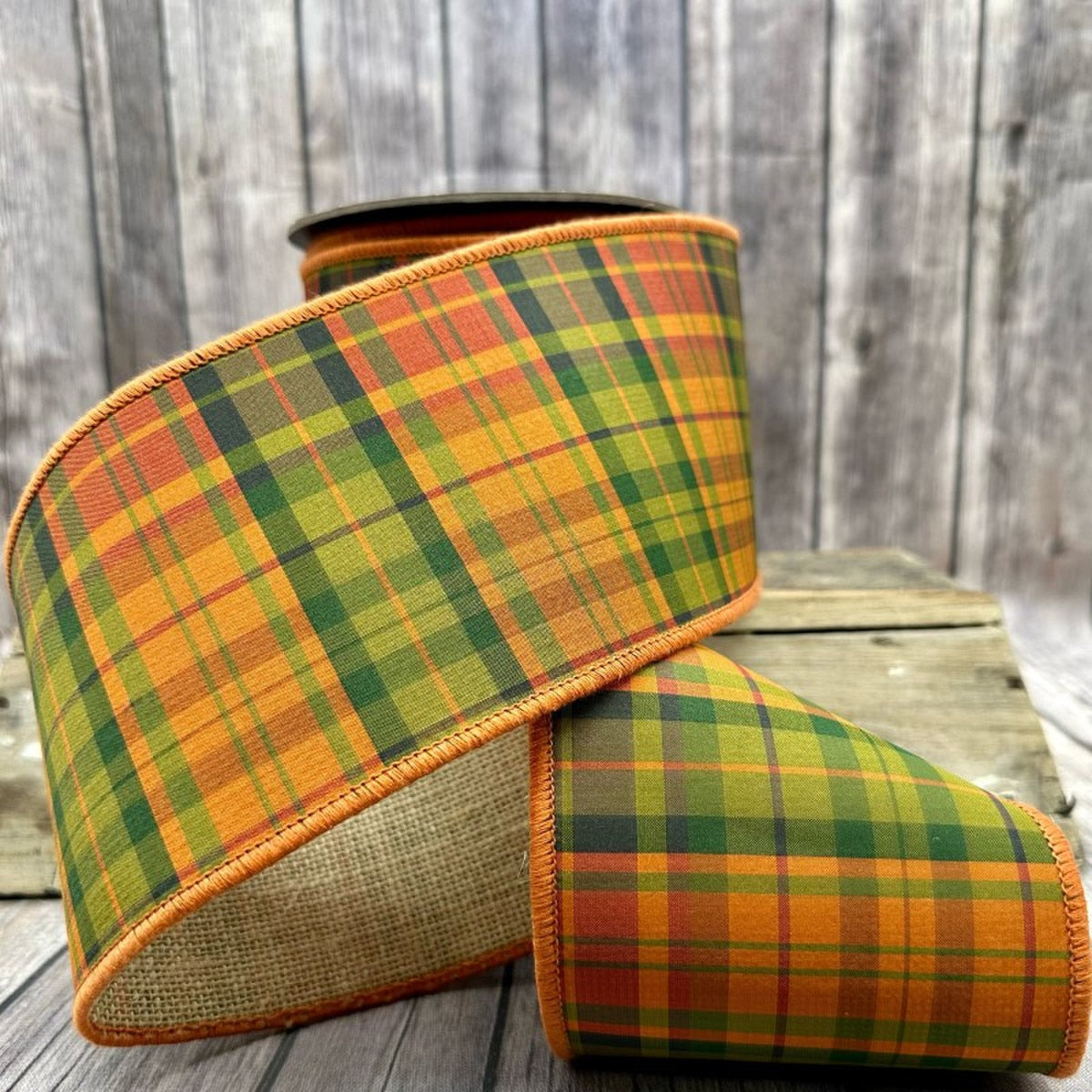 Autumn Plaid Orange Green Dupion Burlap Ribbon 4" x 10 Yds