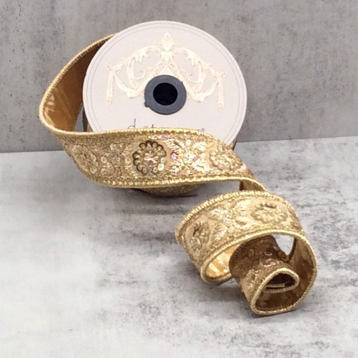 Gold Metallic Dupion Sequin Embroidery Ribbon 1.5" x 5 Yds