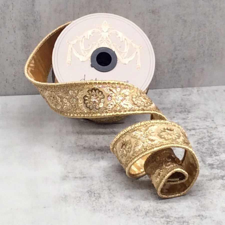 Gold Metallic Dupion Sequin Embroidery Ribbon 1.5" x 5 Yds
