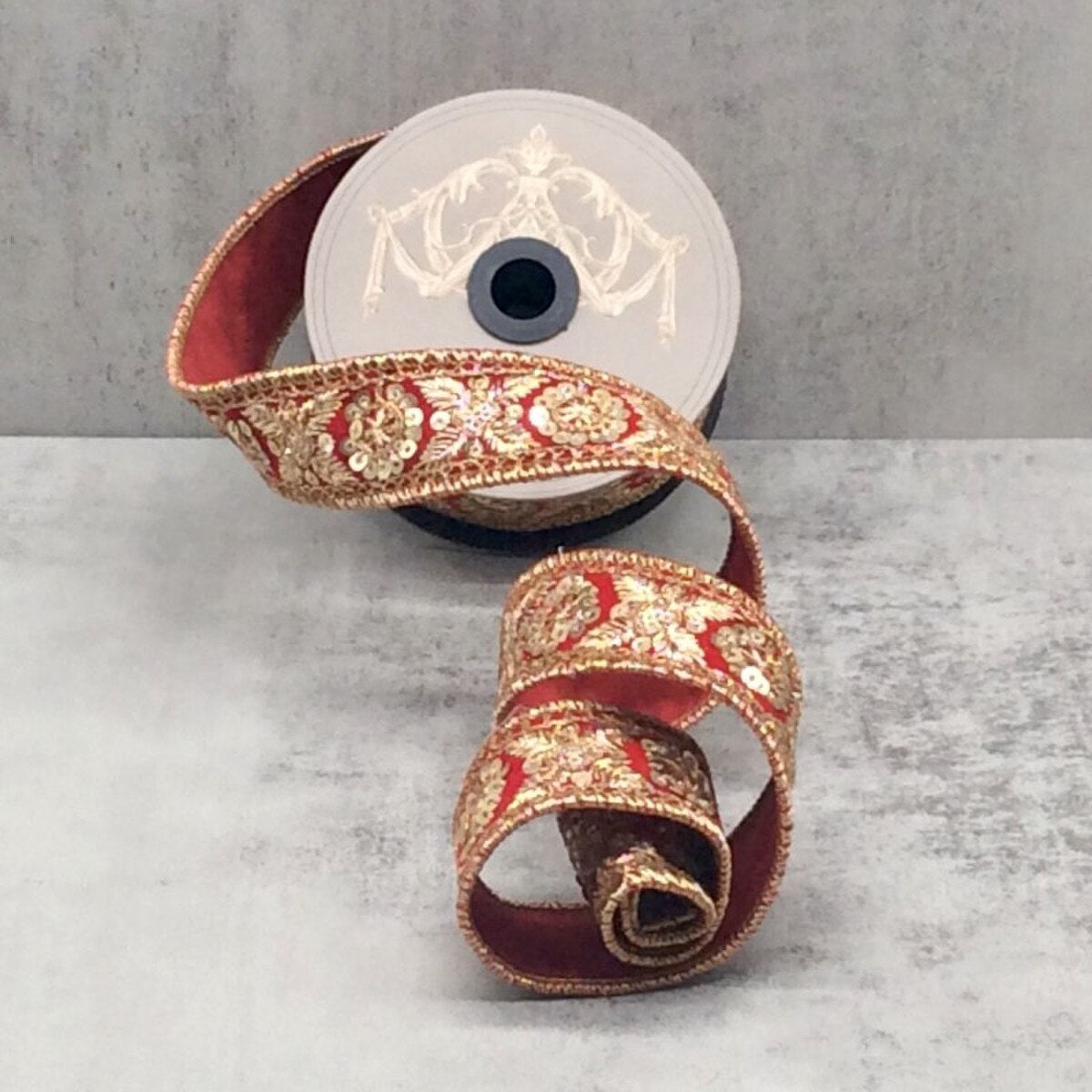 Red Metallic Dupion Sequin Embroidery Ribbon 1.5" x 5 Yds