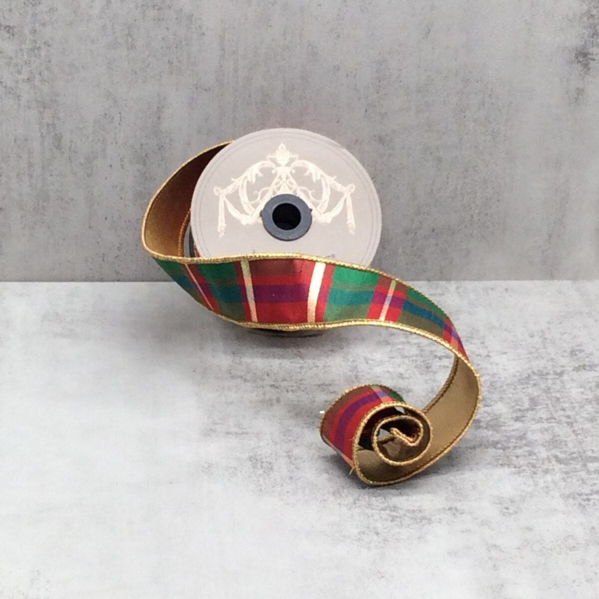 Dupion Ribbon Gold Green Red Plaid 1.5 Inch x 10 Yards