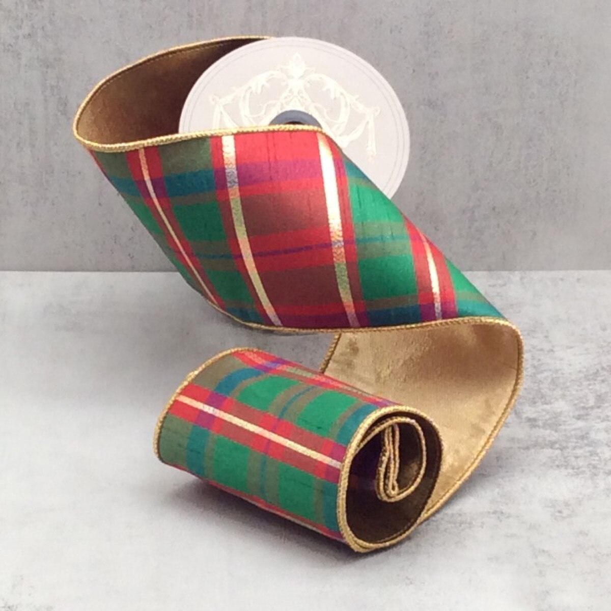 Dupion Ribbon Aberdeen Plaid Gold Green Red 4" x 10 Yds
