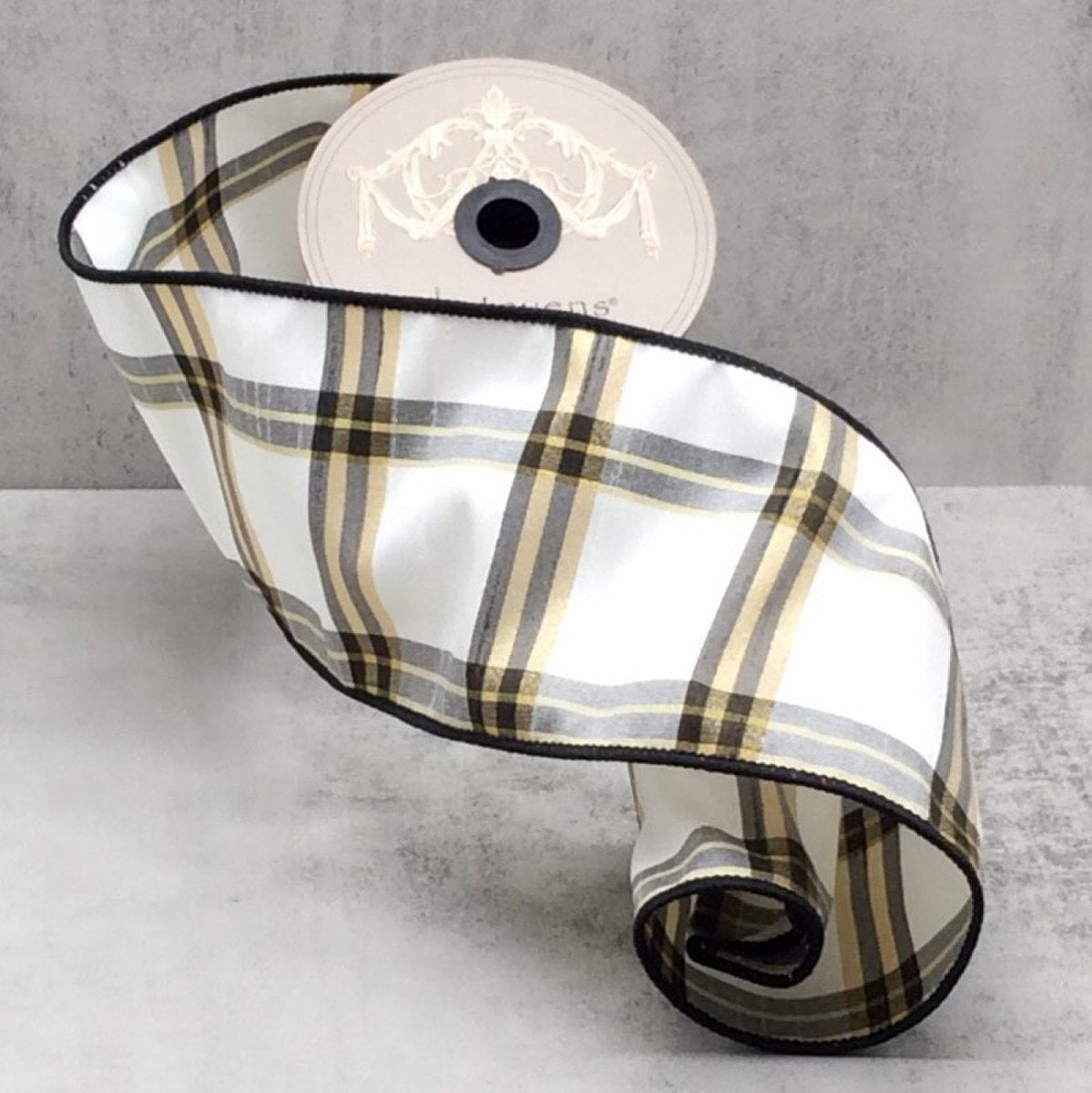 Plaid Ribbon Dupion Mckenzie Gold Black White 4 Inch x 10 Yds