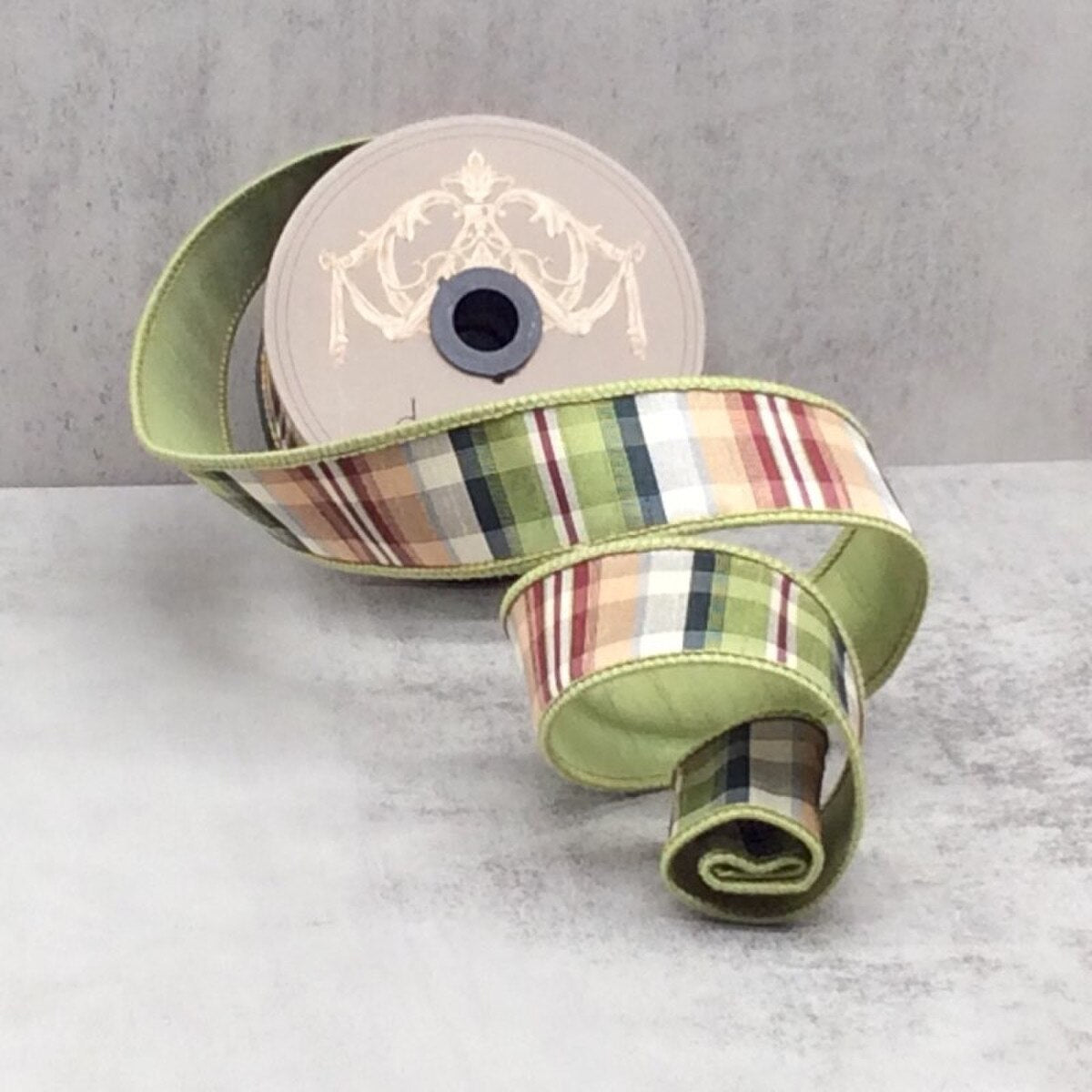 Dupion Ribbon in Madras Plaid Ivory Green Cranberry 1.5" x 10 Yds