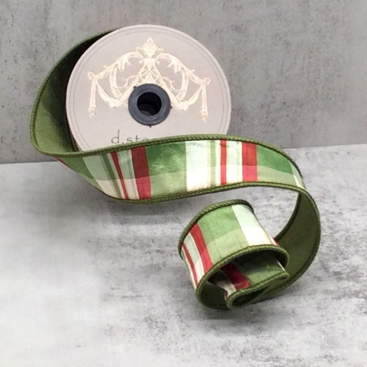 Dupion Plaid Ribbon Ivory Green Red 1.5" x 10 Yds