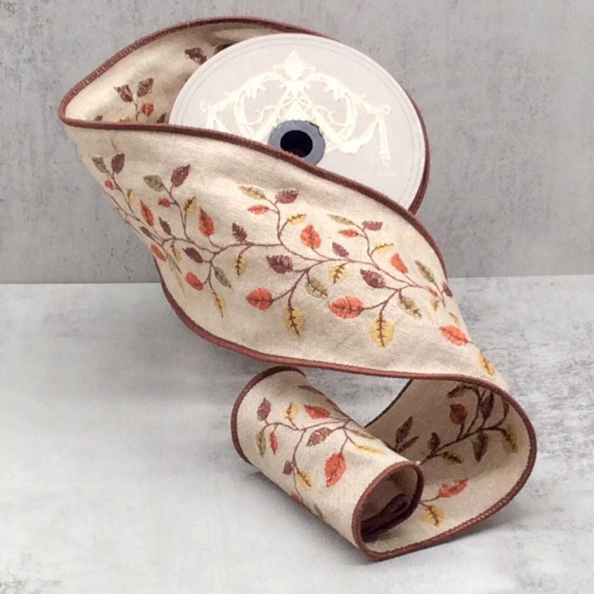 Fall Leaves Linen Ribbon Orange Green Brown 4" x 10 Yds