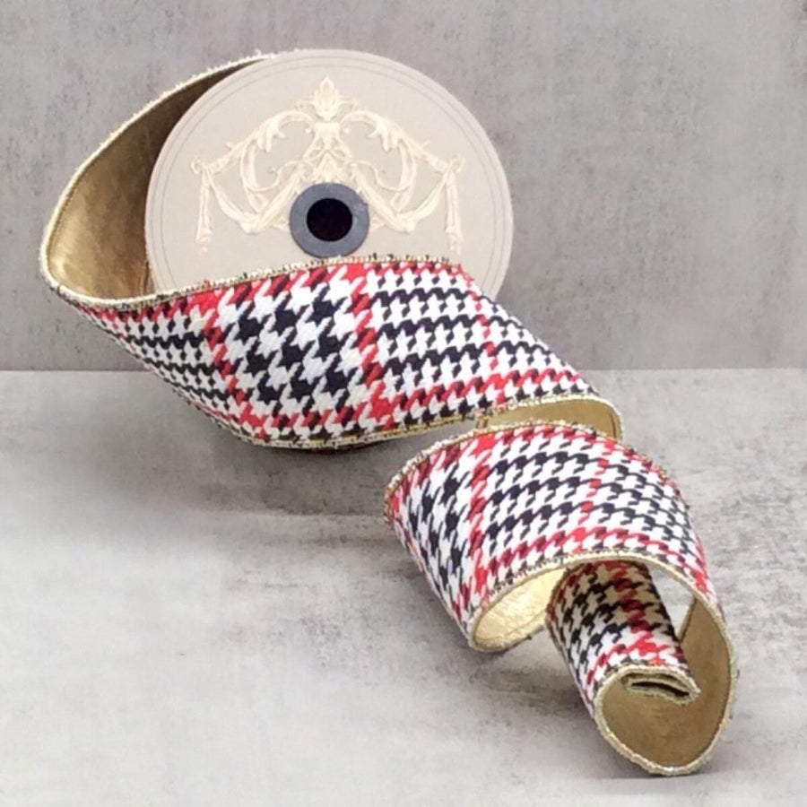 Faux Wool Houndstooth Ribbon Red Black White 2.5" x 10 Yds