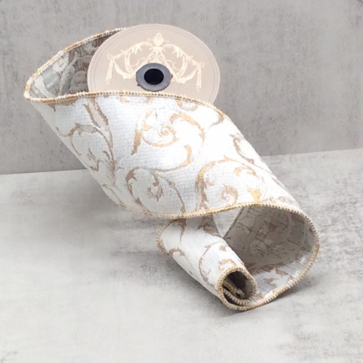 Jacquard Ribbon Ivory Silver Gold 4 Inch x 5 Yards