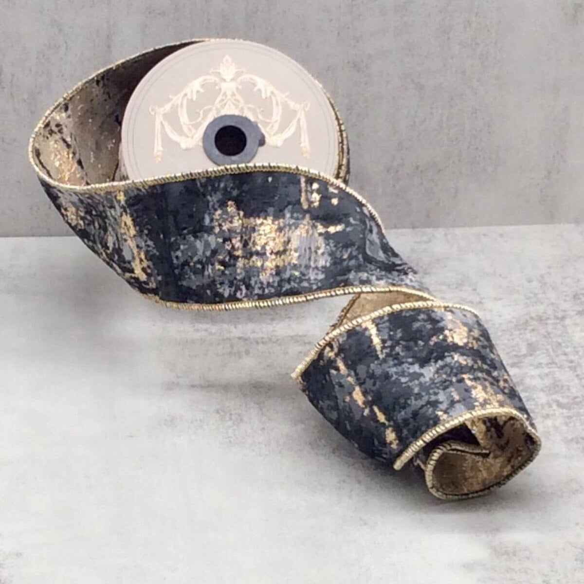 Jacquard Ribbon Bark Gold Grey 2.5 Inch 10 Yards