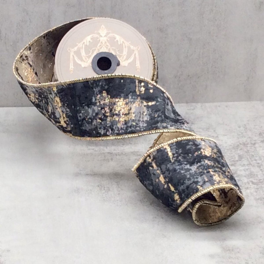 Jacquard Ribbon Bark Gold Grey 2.5 Inch 10 Yards