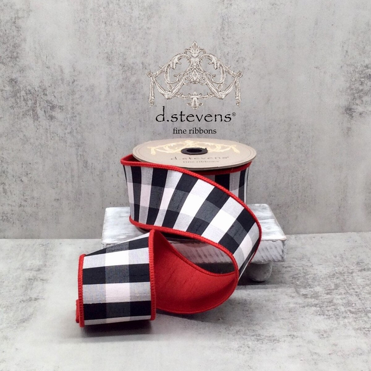 Red Back Faux Dupion Check Black-White Ribbon 2.5" x 10 Yds