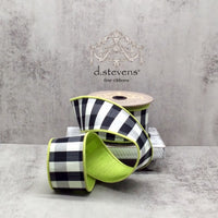 Check Faux Dupion Ribbon Green Back Black-White 2.5 Inch