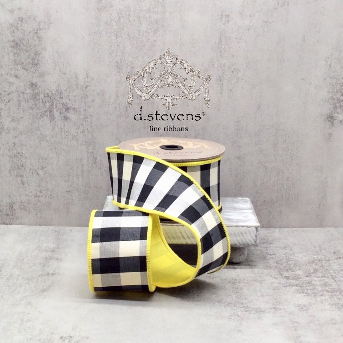 Check Ribbon Faux Dupion Yellow Back Black-White 2.5" x 10 Yds