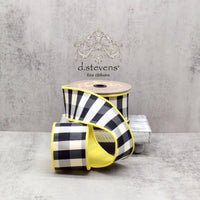 Check Ribbon Faux Dupion Yellow Back Black-White 2.5
